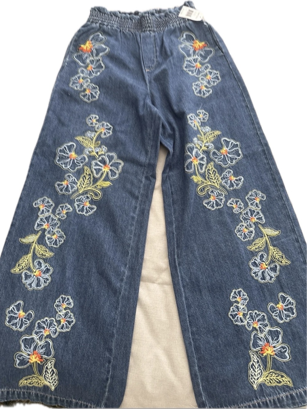 DRIFTWOOD Blue Floral Embroidered Wide Leg Jeans NWOT size Medium
